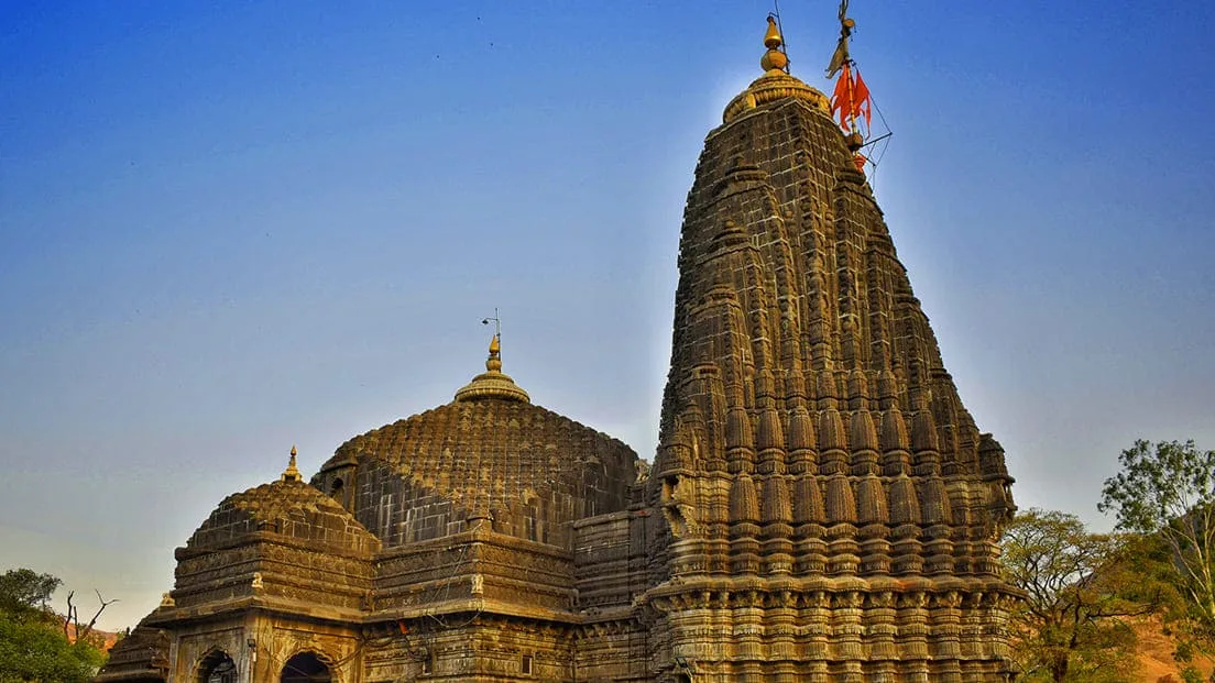 The black-stone shikhara of Trimbakeshwar Jyotirlinga temple at Trimbak, Nashik